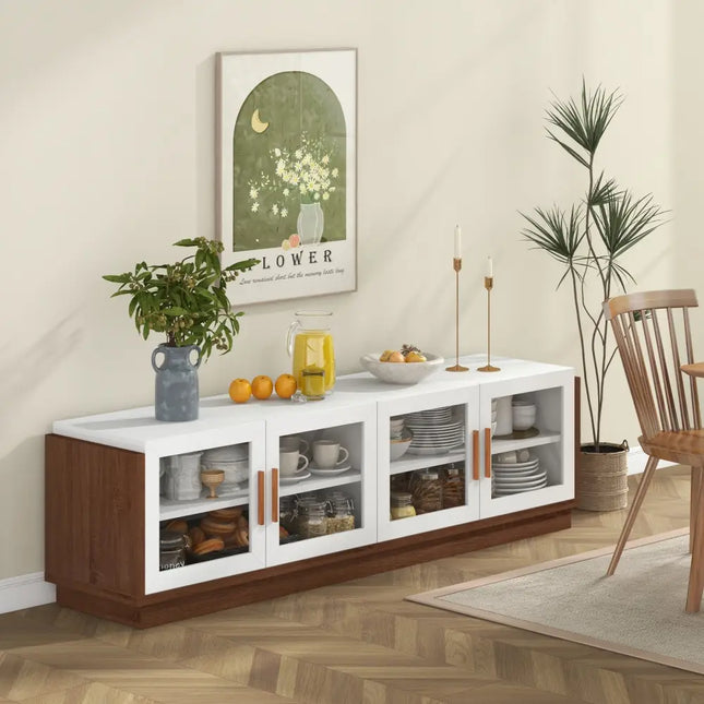 Large TV Stand for TVs up to 75 Inch with 4 Tempered Glass Doors for Living Room-White - White - Entertainment Centers