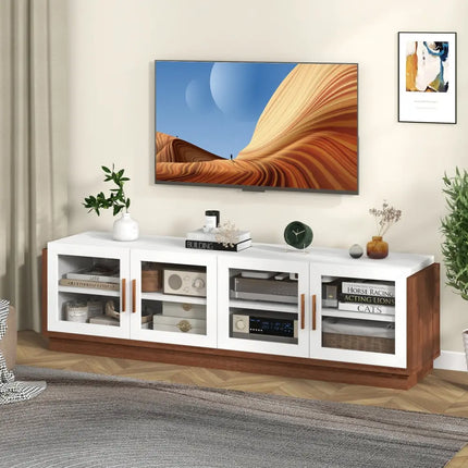 Large TV Stand for TVs up to 75 Inch with 4 Tempered Glass Doors for Living Room-White - White - Entertainment Centers
