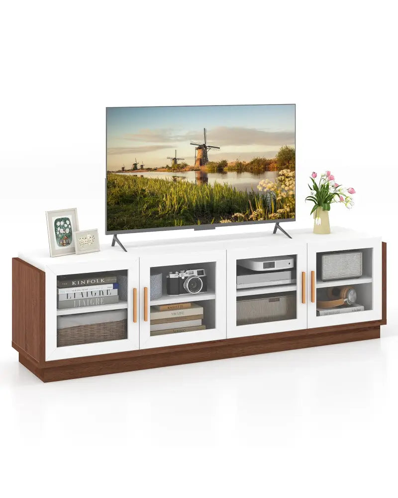 Large TV Stand for TVs up to 75 Inch with 4 Tempered Glass Doors for Living Room-White - White - Entertainment Centers