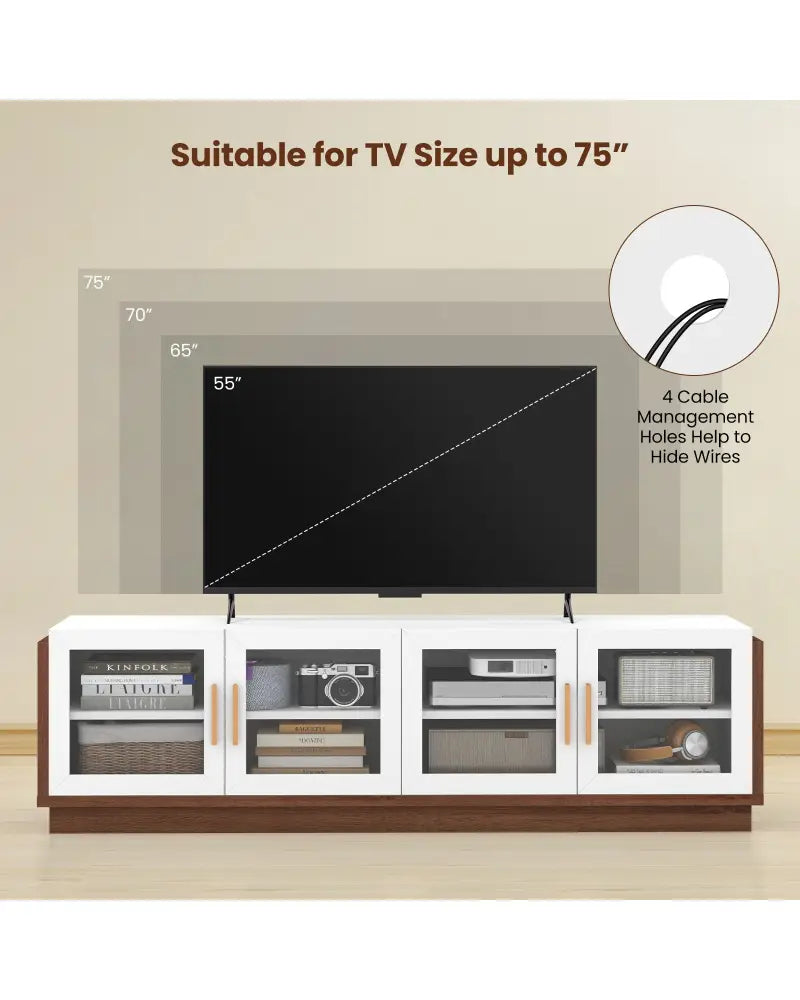 Large TV Stand for TVs up to 75 Inch with 4 Tempered Glass Doors for Living Room-White - White - Entertainment Centers