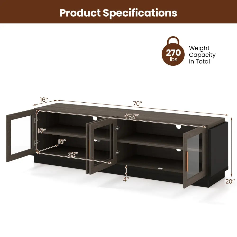 Large TV Stand for TVs up to 75 Inch with 4 Tempered Glass Doors for Living Room-Gray - Gray - Entertainment Centers &