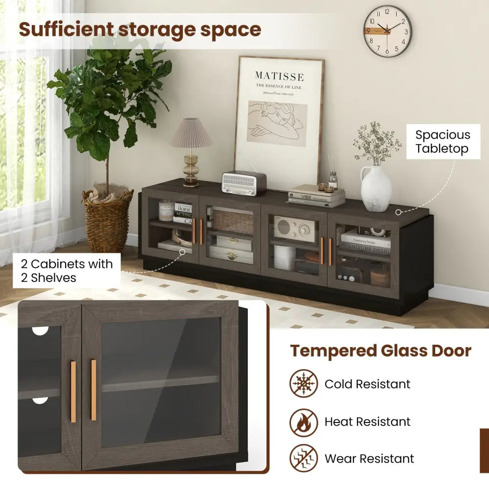 Large TV Stand for TVs up to 75 Inch with 4 Tempered Glass Doors for Living Room-Gray - Gray - Entertainment Centers &