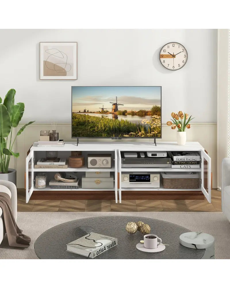 Large TV Stand for TVs up to 75 Inch with 4 Tempered Glass Doors for Living Room-White - White - Entertainment Centers