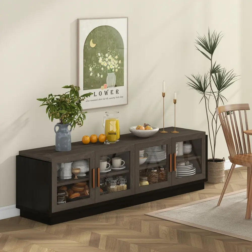 Large TV Stand for TVs up to 75 Inch with 4 Tempered Glass Doors for Living Room-Gray - Gray - Entertainment Centers &