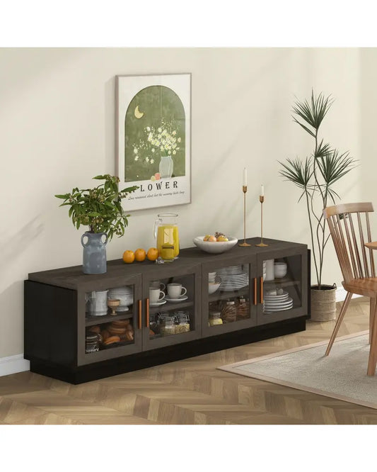 Large TV Stand for TVs up to 75 Inch with 4 Tempered Glass Doors for Living Room-Gray - Gray - Entertainment Centers &