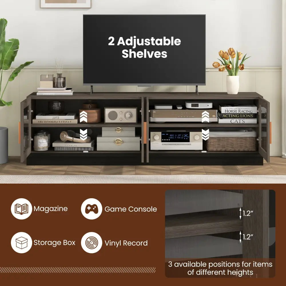 Large TV Stand for TVs up to 75 Inch with 4 Tempered Glass Doors for Living Room-Gray - Gray - Entertainment Centers &