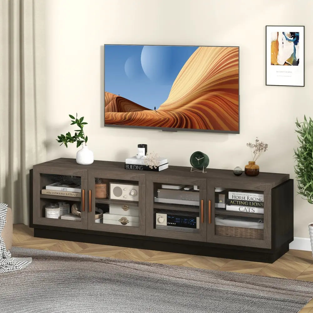 Large TV Stand for TVs up to 75 Inch with 4 Tempered Glass Doors for Living Room-Gray - Gray - Entertainment Centers &
