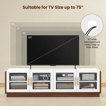 Large TV Stand for TVs up to 75 Inch with 4 Tempered Glass Doors for Living Room-White - White - Entertainment Centers