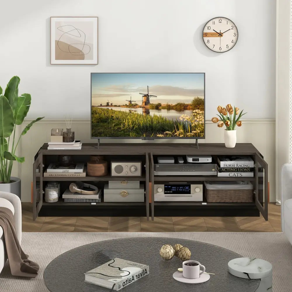 Large TV Stand for TVs up to 75 Inch with 4 Tempered Glass Doors for Living Room-Gray - Gray - Entertainment Centers &