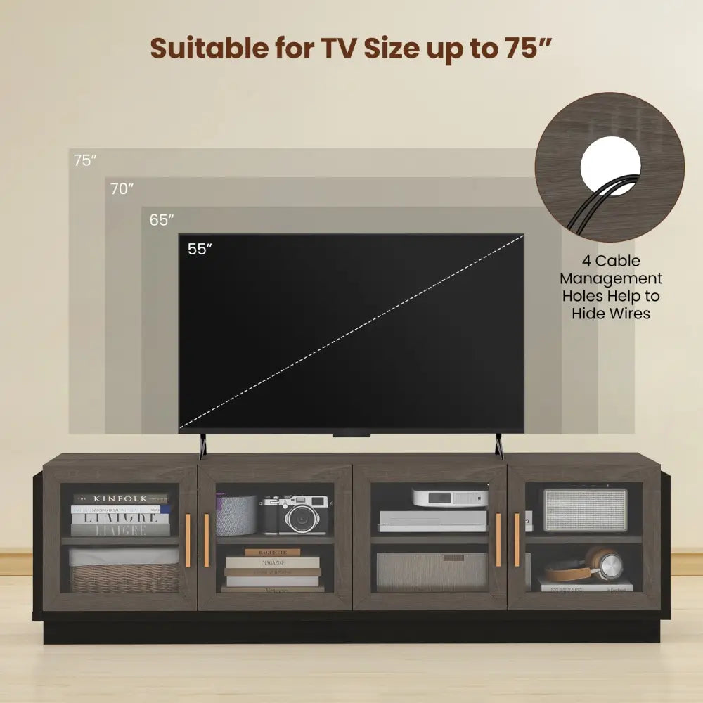 Large TV Stand for TVs up to 75 Inch with 4 Tempered Glass Doors for Living Room-Gray - Gray - Entertainment Centers &