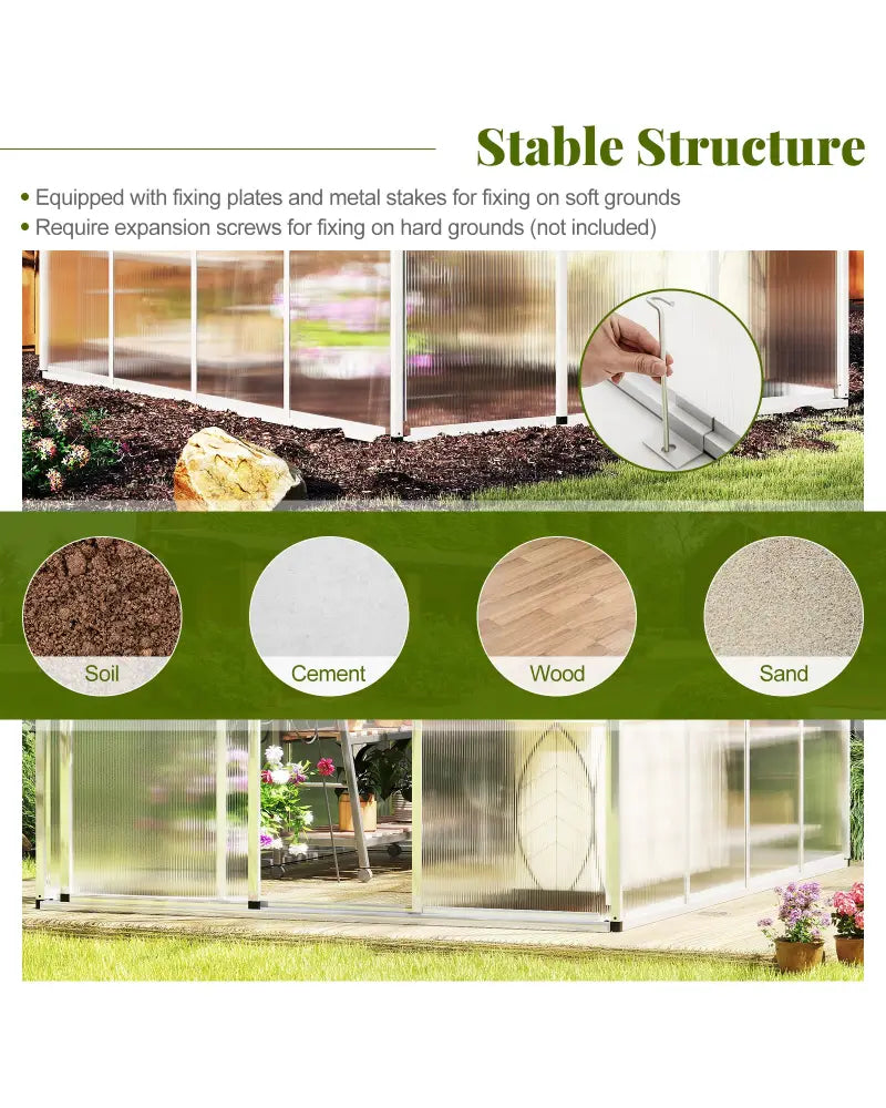 Large Walk-in Green House with Rain Gutters and Polycarbonate Panels-8 FT - Silver - Greenhouses