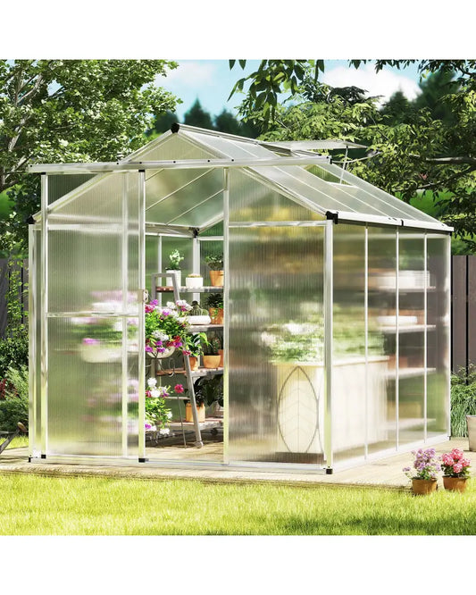 Large Walk-in Green House with Rain Gutters and Polycarbonate Panels-8 FT - Silver - Greenhouses