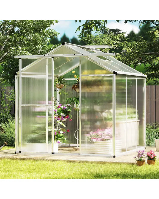 Large Walk-in Green House with Rain Gutters and Polycarbonate Panels-6 FT - Silver - Greenhouses