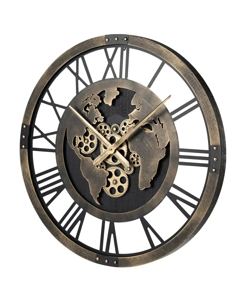 Large Wall Clock 27’’ Gear Clock with World Map-Brown - Brown - Wall Decor