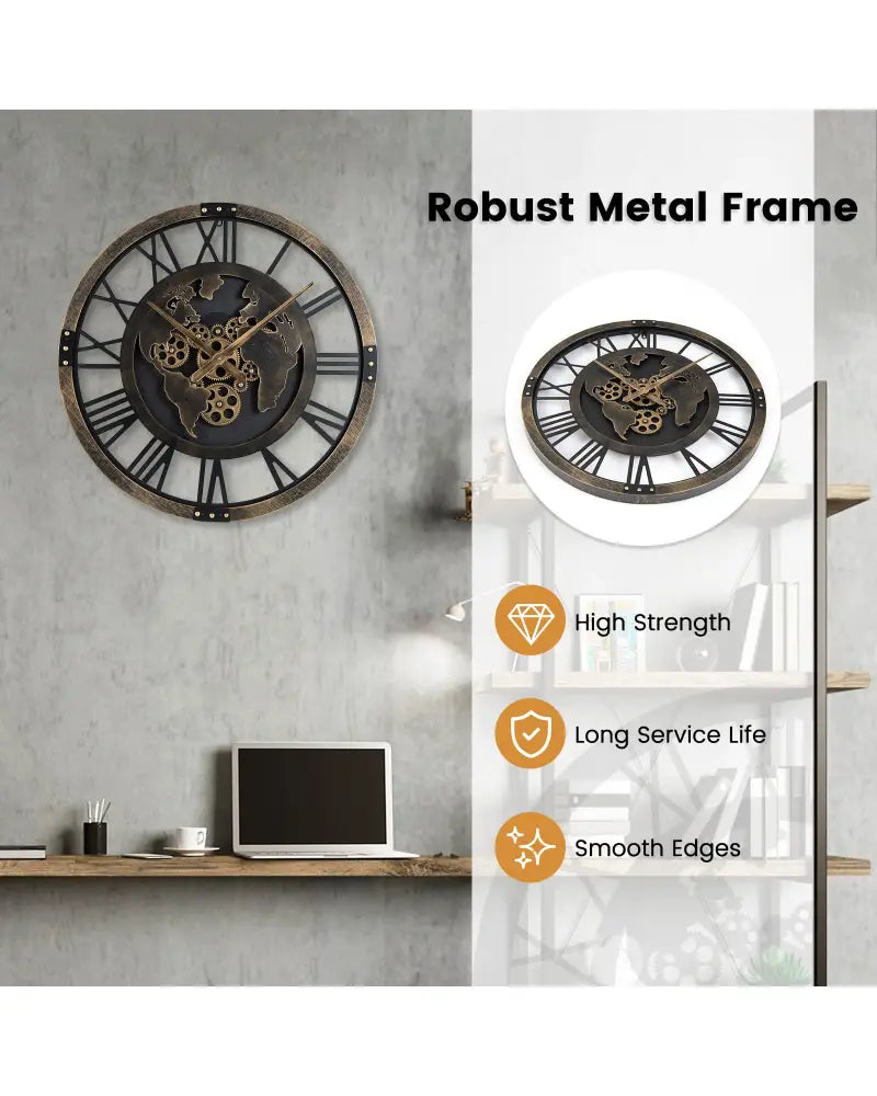 Large Wall Clock 27’’ Gear Clock with World Map-Brown - Brown - Wall Decor