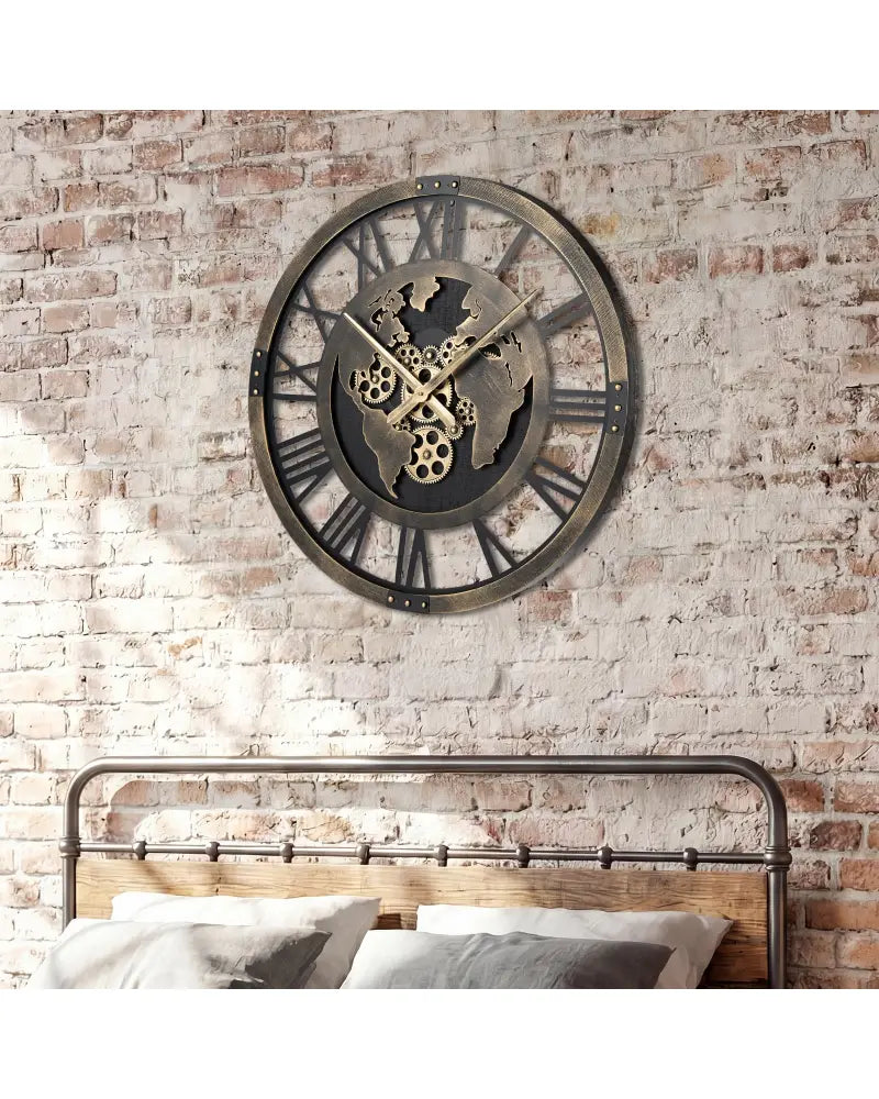 Large Wall Clock 27’’ Gear Clock with World Map-Brown - Brown - Wall Decor