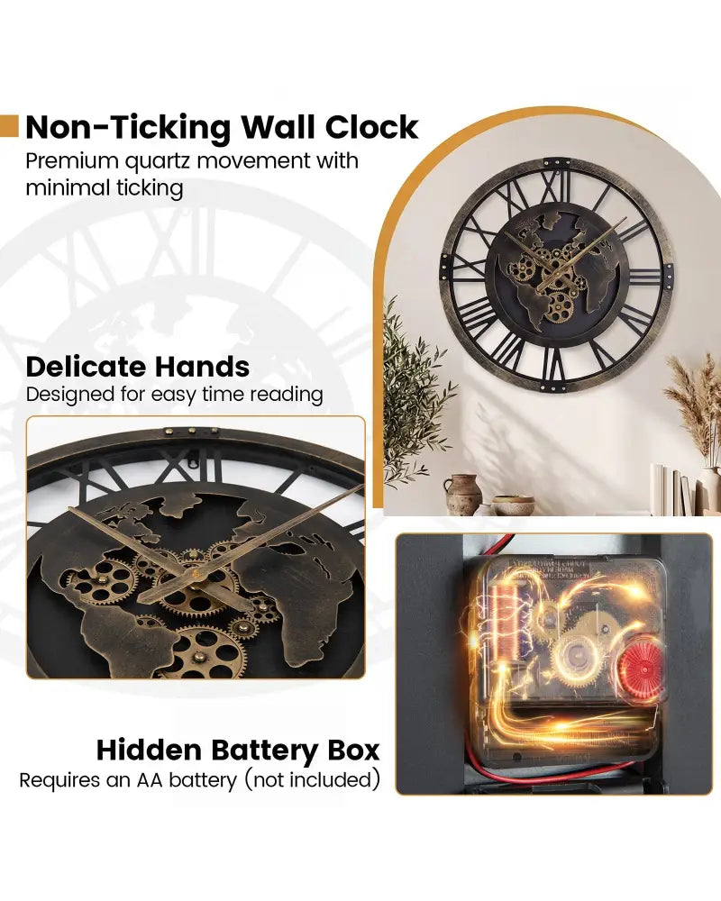 Large Wall Clock 27’’ Gear Clock with World Map-Brown - Brown - Wall Decor