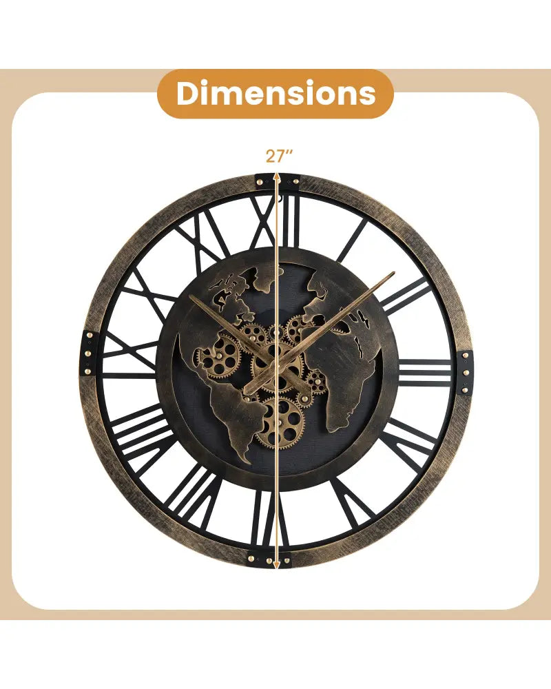 Large Wall Clock 27’’ Gear Clock with World Map-Brown - Brown - Wall Decor