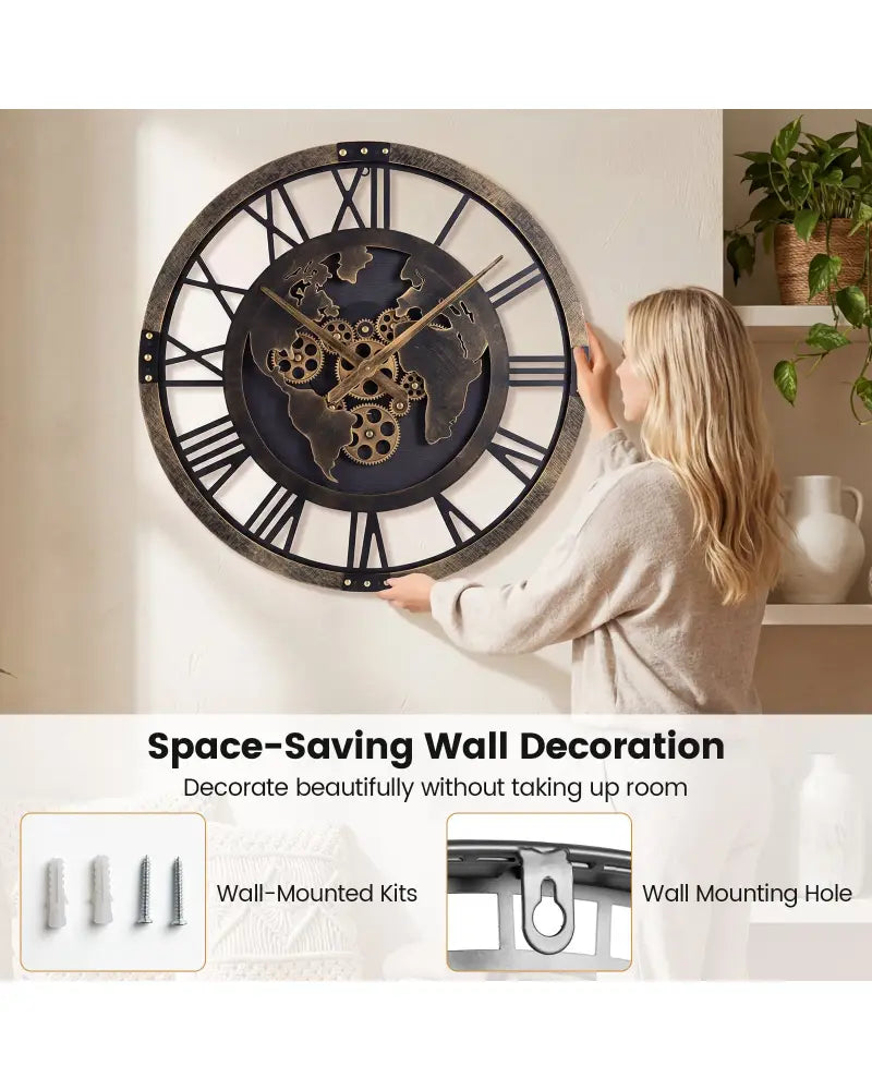Large Wall Clock 27’’ Gear Clock with World Map-Brown - Brown - Wall Decor