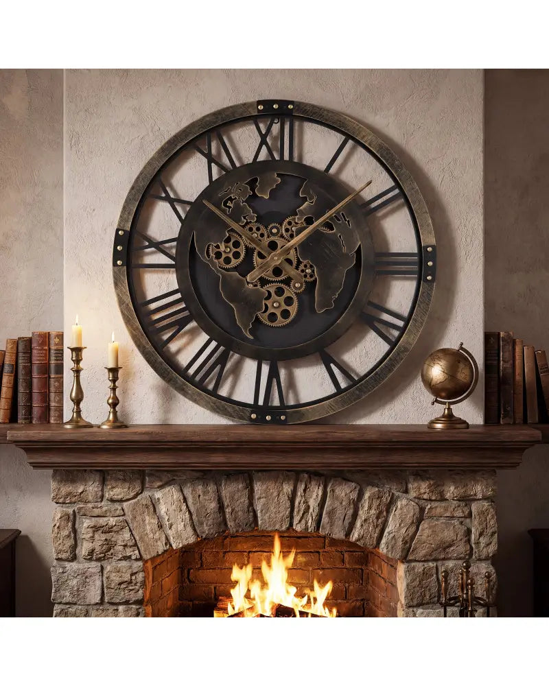 Large Wall Clock 27’’ Gear Clock with World Map-Brown - Brown - Wall Decor