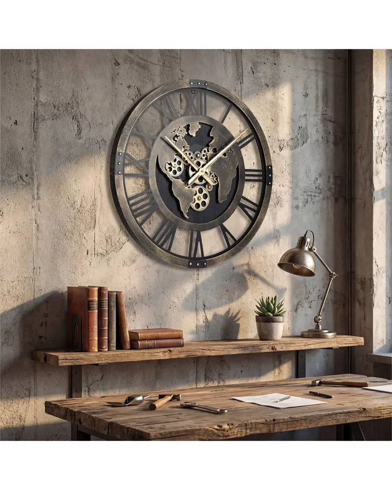Large Wall Clock 27’’ Gear Clock with World Map-Brown - Brown - Wall Decor