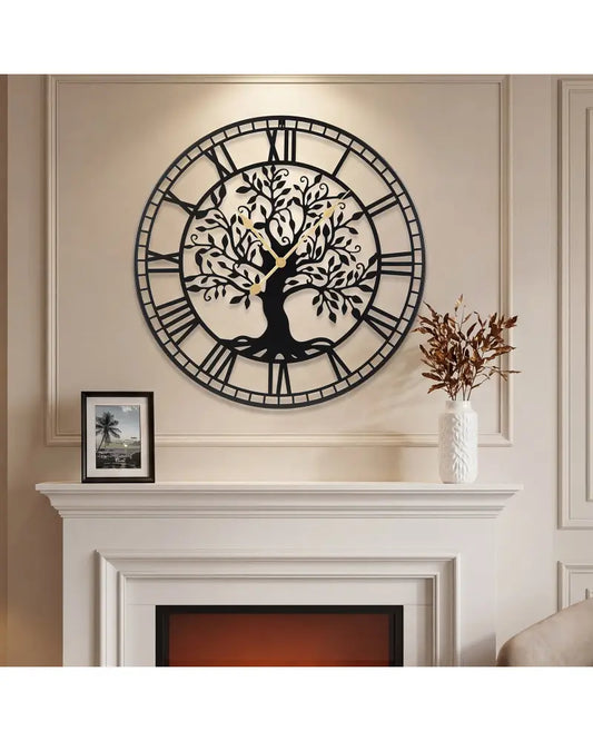 Large Wall Clock 27 Inch Tree of Life Big Metal Wall Clock-Black - Black - Wall Decor
