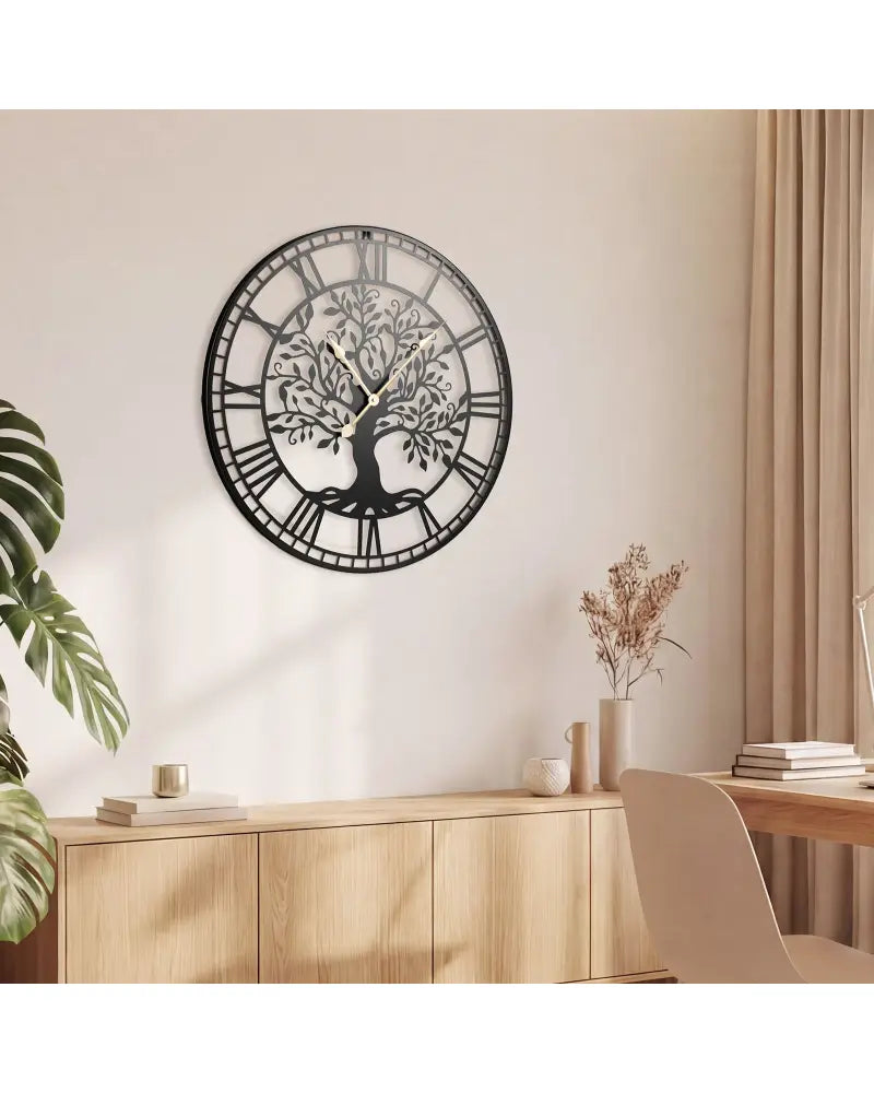 Large Wall Clock 27 Inch Tree of Life Big Metal Wall Clock-Black - Black - Wall Decor