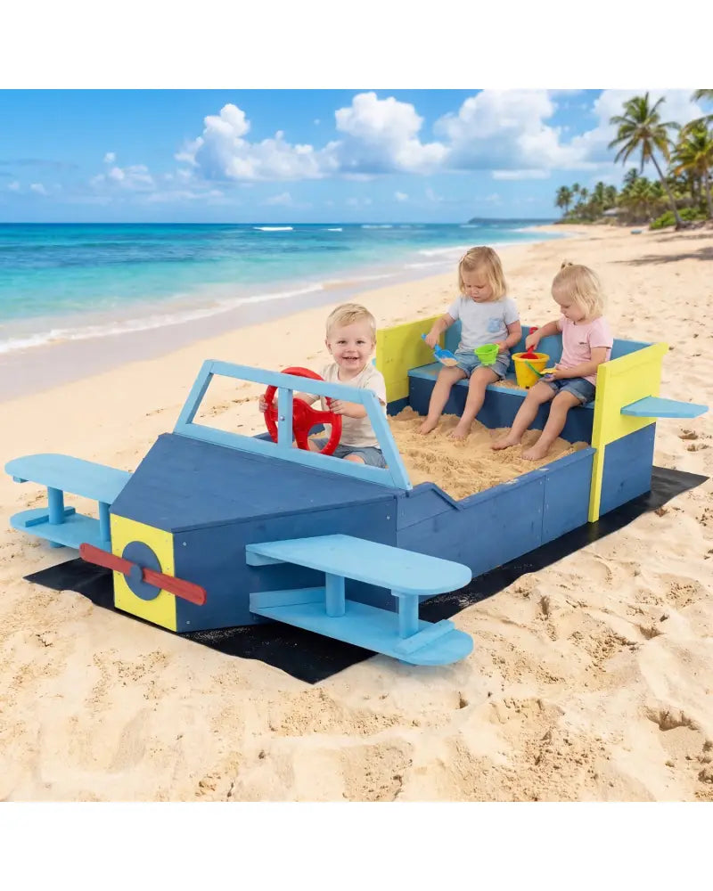 Large Wooden Kids Sandbox with Bottom Liner and Bench Seat-Blue - Blue - Sandboxes