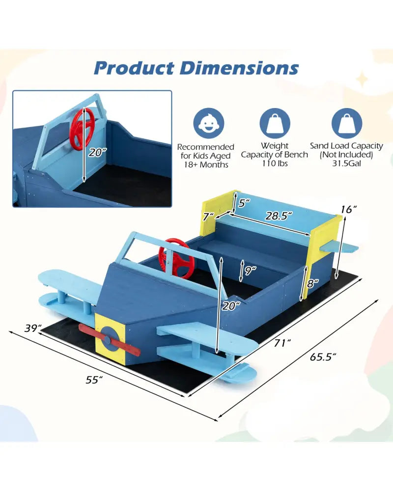 Large Wooden Kids Sandbox with Bottom Liner and Bench Seat-Blue - Blue - Sandboxes