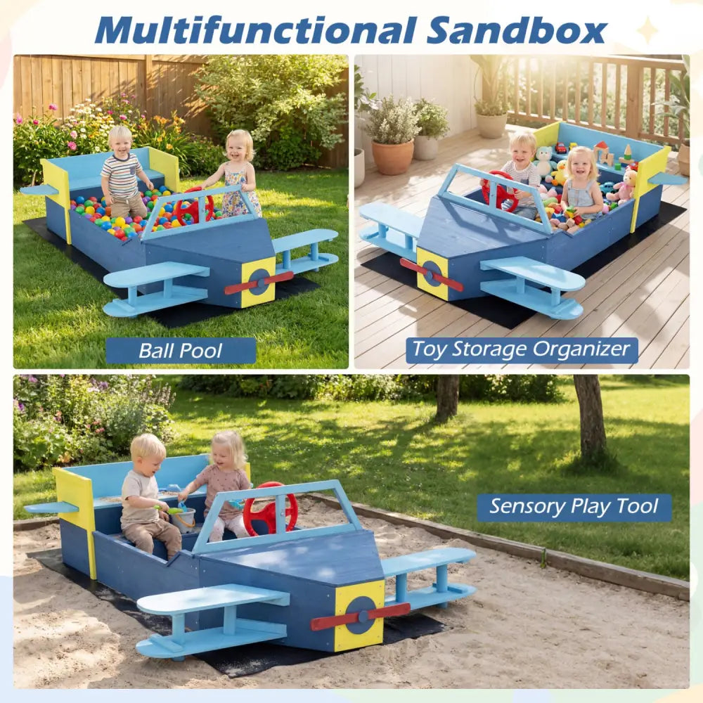 Large Wooden Kids Sandbox with Bottom Liner and Bench Seat-Blue - Blue - Sandboxes