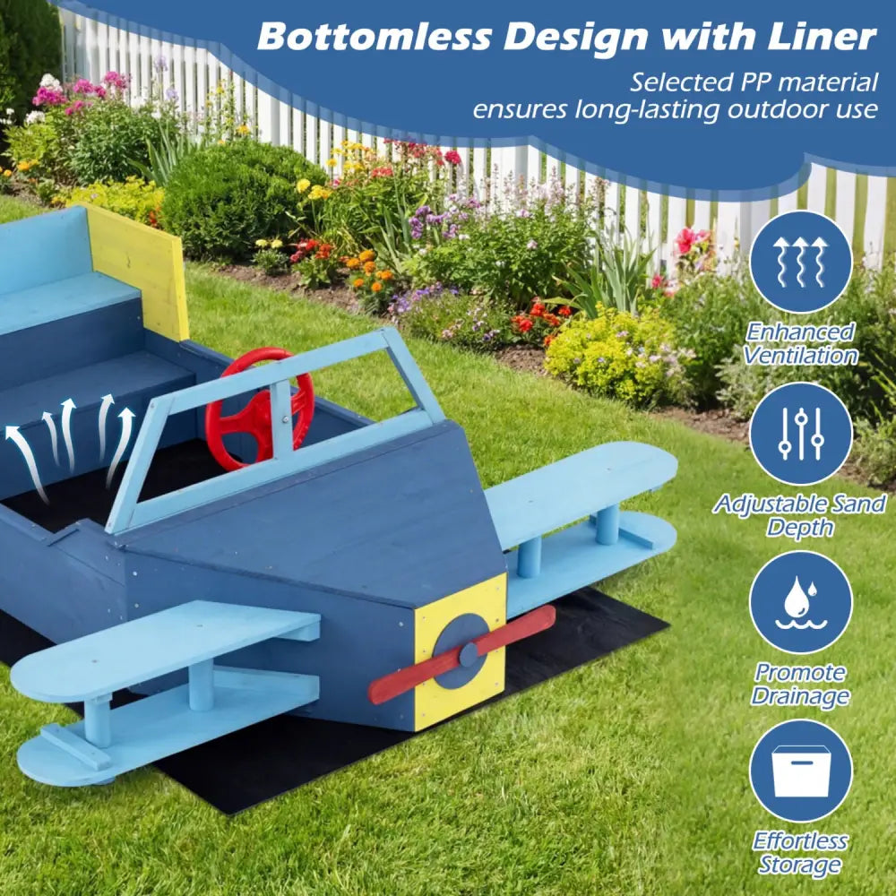 Large Wooden Kids Sandbox with Bottom Liner and Bench Seat-Blue - Blue - Sandboxes