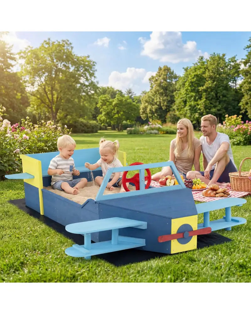 Large Wooden Kids Sandbox with Bottom Liner and Bench Seat-Blue - Blue - Sandboxes