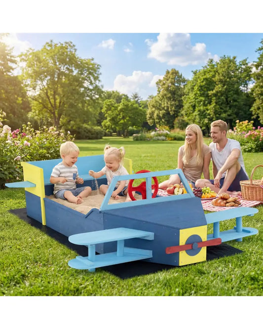 Large Wooden Kids Sandbox with Bottom Liner and Bench Seat-Blue - Blue - Sandboxes