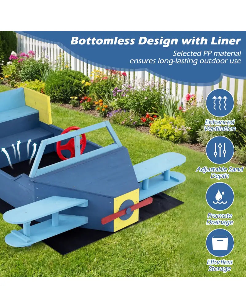 Large Wooden Kids Sandbox with Bottom Liner and Bench Seat-Blue - Blue - Sandboxes