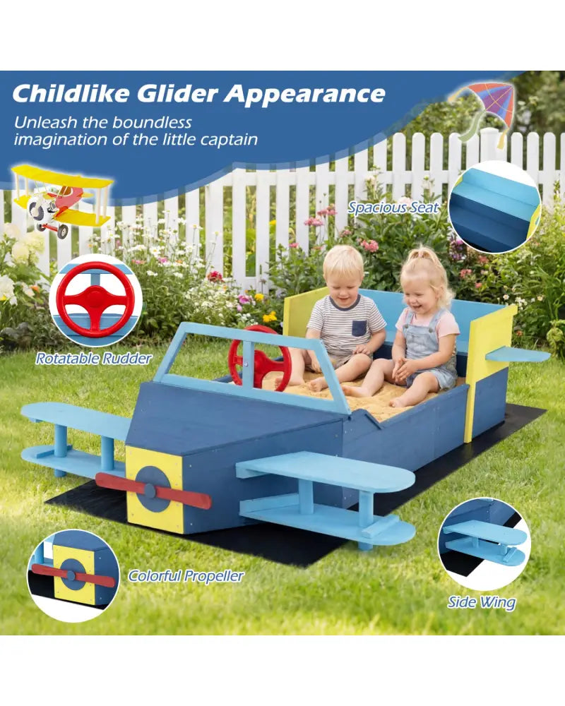 Large Wooden Kids Sandbox with Bottom Liner and Bench Seat-Blue - Blue - Sandboxes