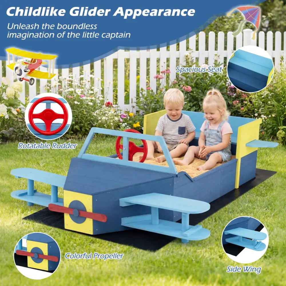 Large Wooden Kids Sandbox with Bottom Liner and Bench Seat-Blue - Blue - Sandboxes