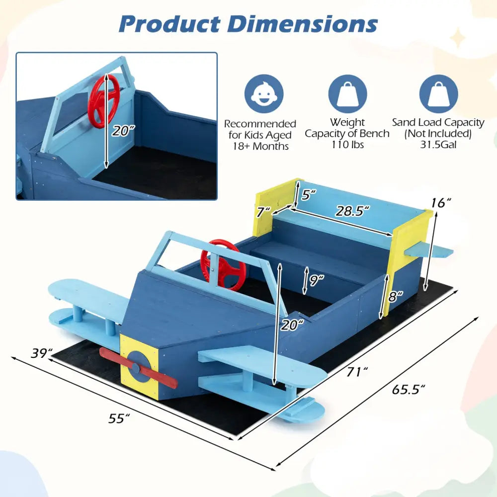 Large Wooden Kids Sandbox with Bottom Liner and Bench Seat-Blue - Blue - Sandboxes