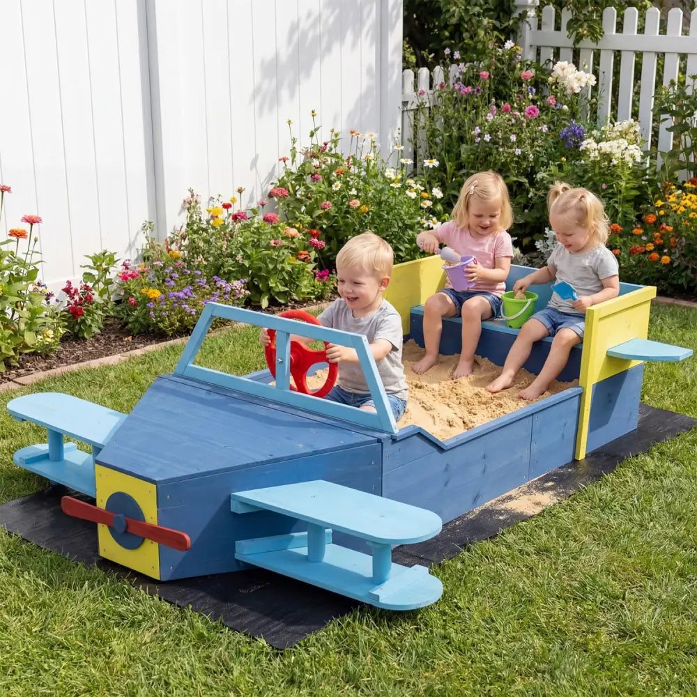 Large Wooden Kids Sandbox with Bottom Liner and Bench Seat-Blue - Blue - Sandboxes