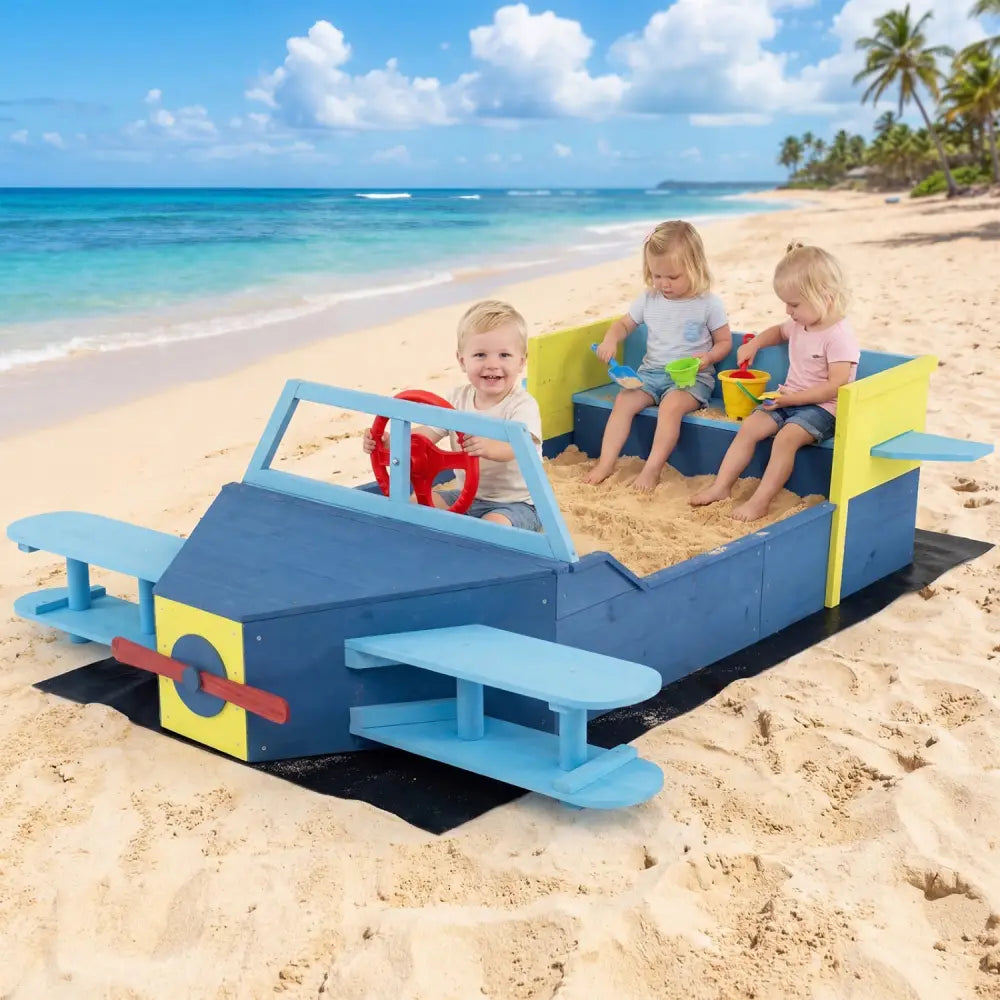 Large Wooden Kids Sandbox with Bottom Liner and Bench Seat-Blue - Blue - Sandboxes