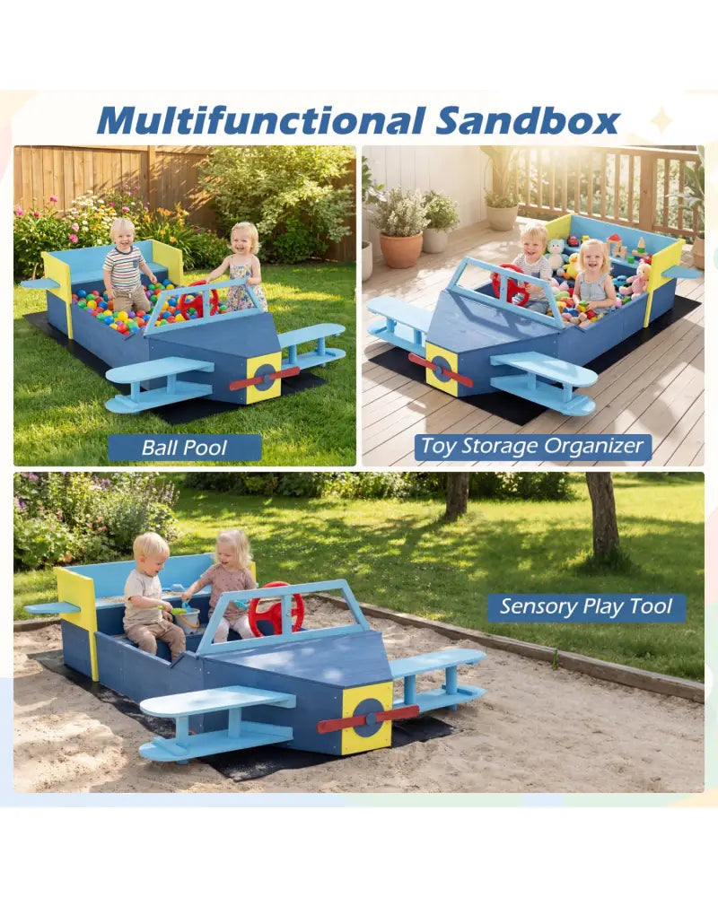 Large Wooden Kids Sandbox with Bottom Liner and Bench Seat-Blue - Blue - Sandboxes