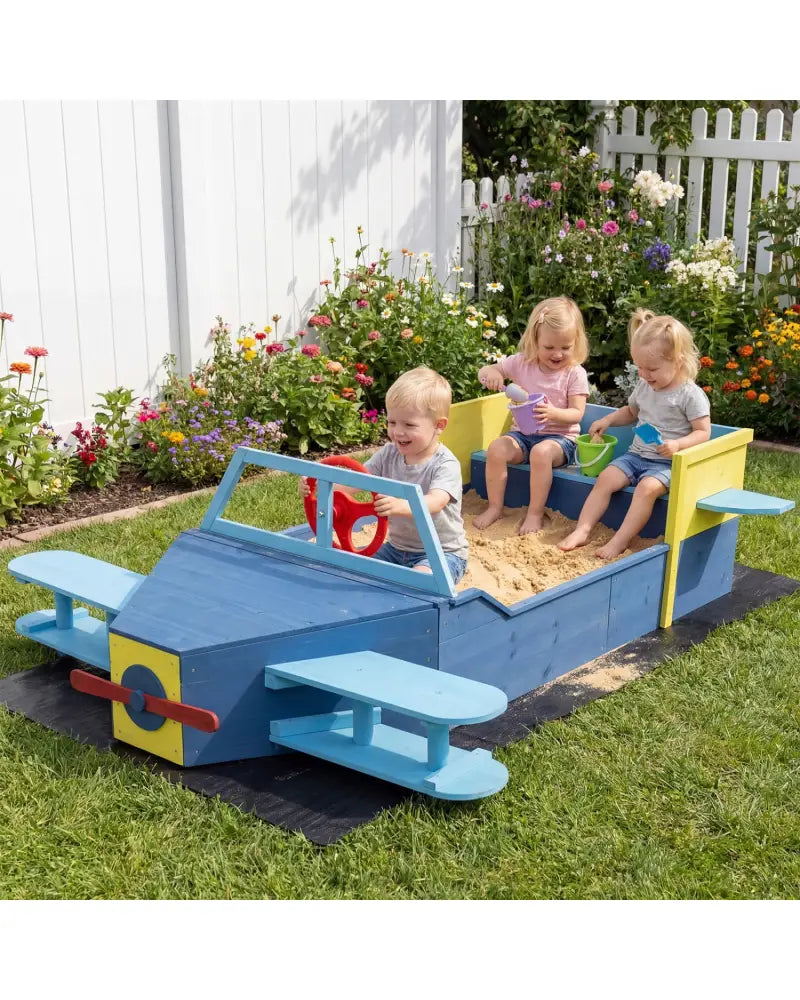 Large Wooden Kids Sandbox with Bottom Liner and Bench Seat-Blue - Blue - Sandboxes