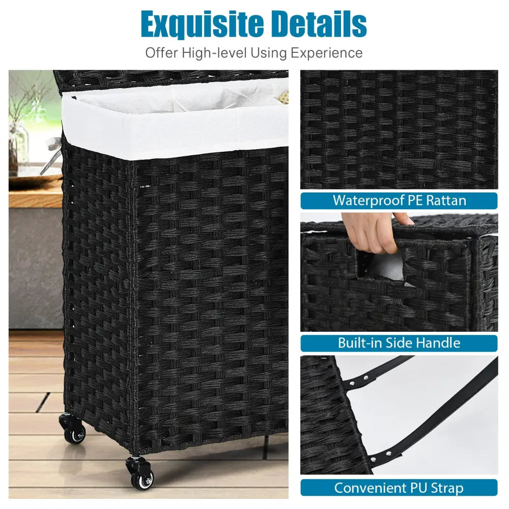 Laundry Hamper with Wheels and Lid-Black - Black - Laundry Baskets