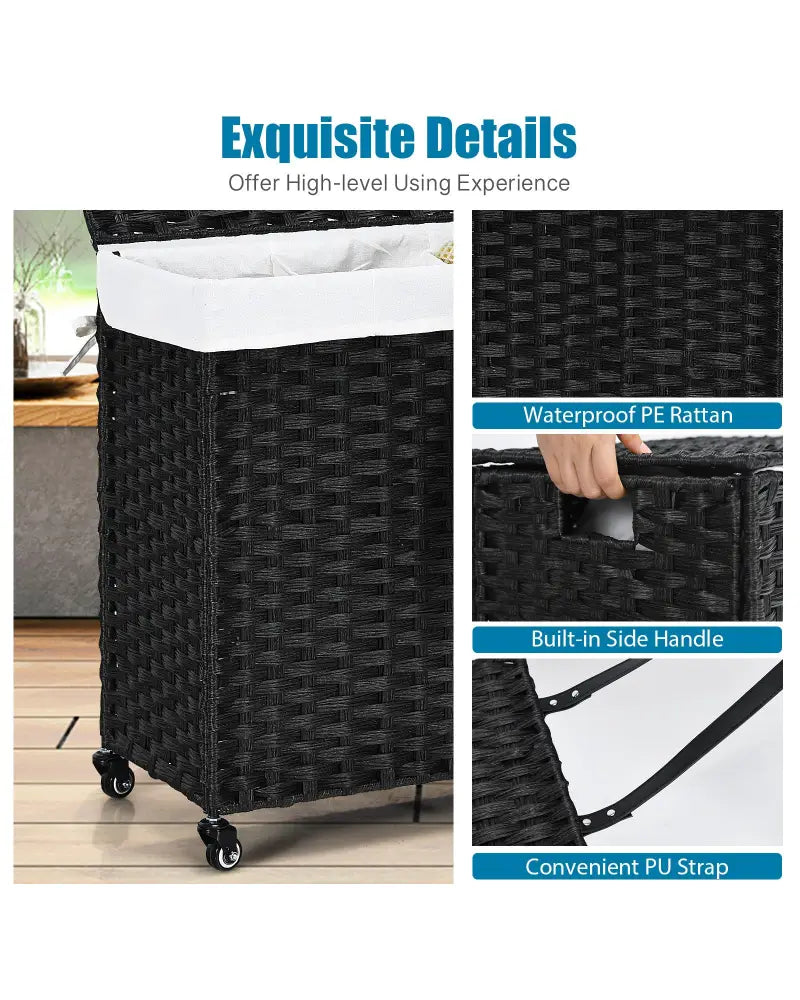Laundry Hamper with Wheels and Lid-Black - Black - Laundry Baskets