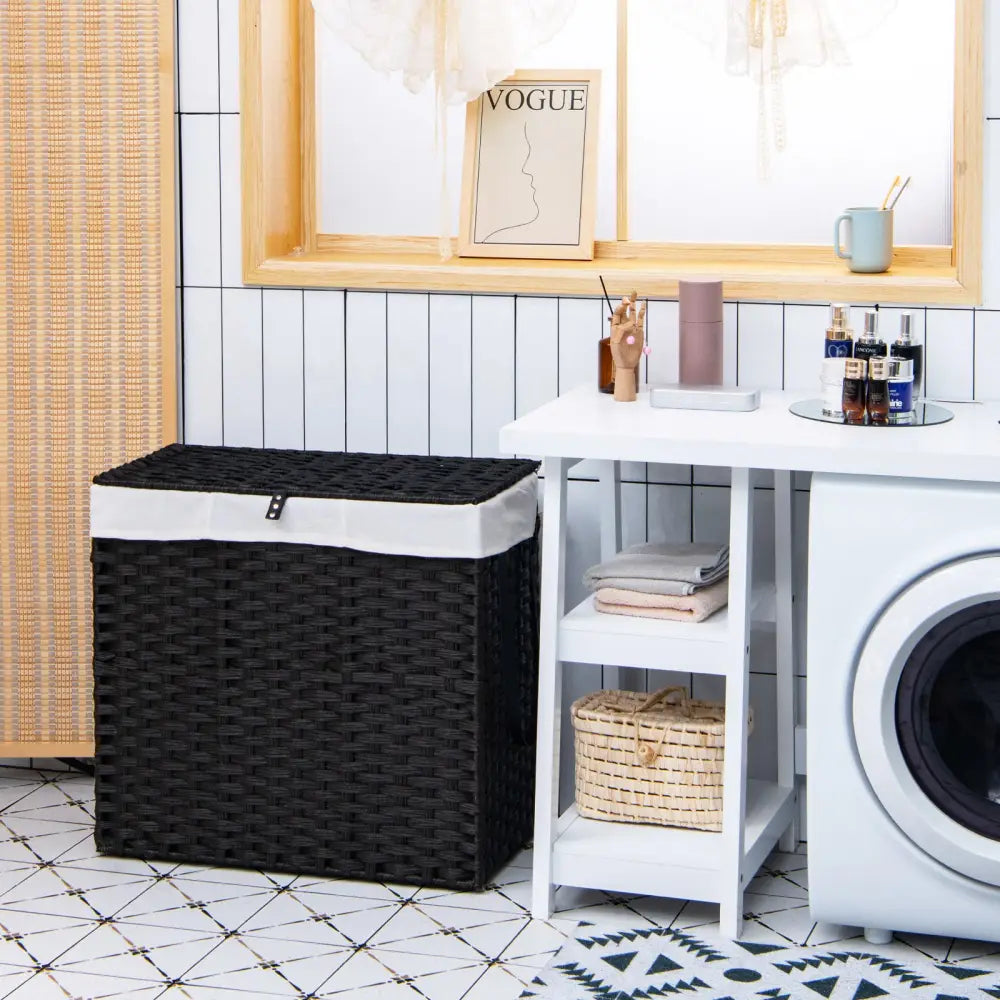 Laundry Hamper with Wheels and Lid-Black - Black - Laundry Baskets