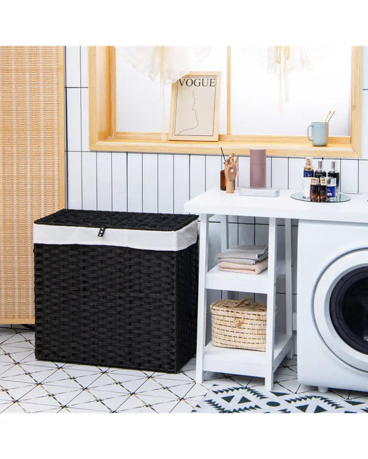Laundry Hamper with Wheels and Lid-Black - Black - Laundry Baskets