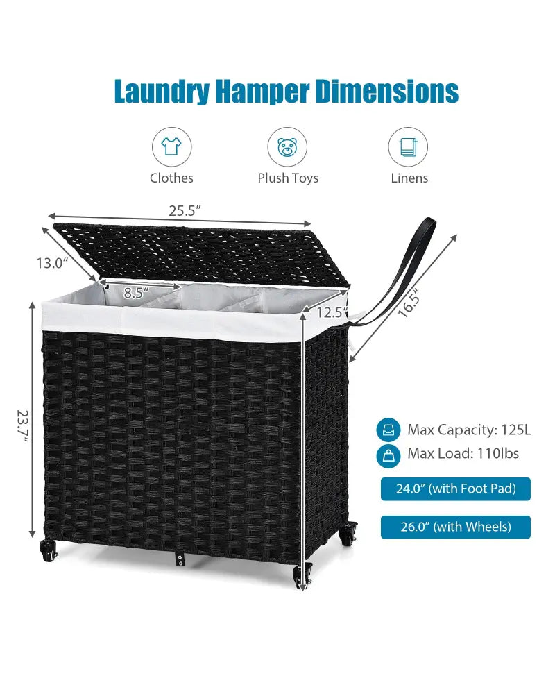 Laundry Hamper with Wheels and Lid-Black - Black - Laundry Baskets