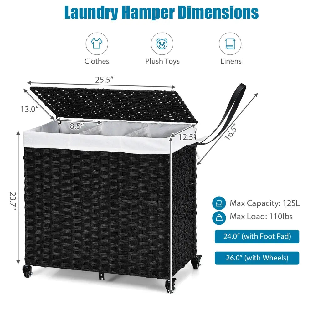 Laundry Hamper with Wheels and Lid-Black - Black - Laundry Baskets