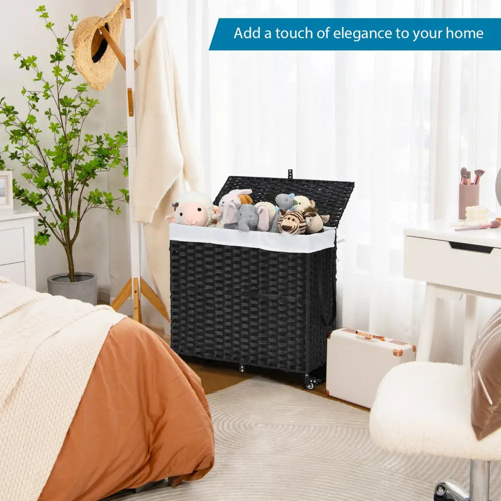 Laundry Hamper with Wheels and Lid-Black - Black - Laundry Baskets