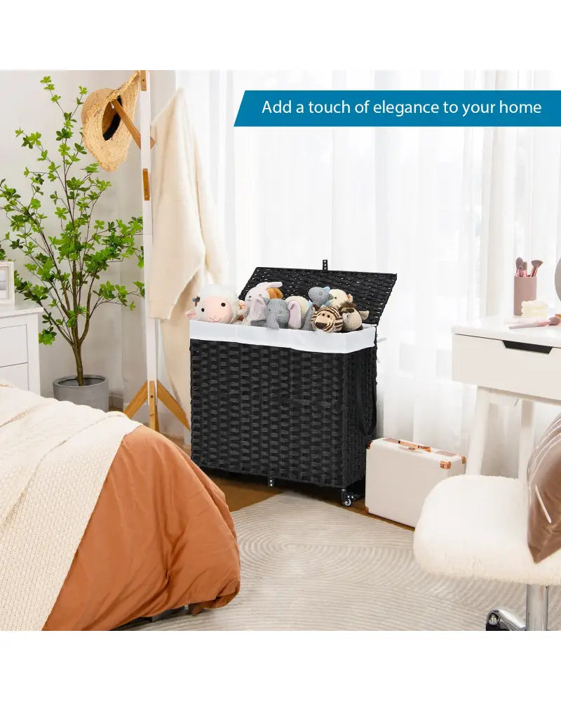 Laundry Hamper with Wheels and Lid-Black - Black - Laundry Baskets