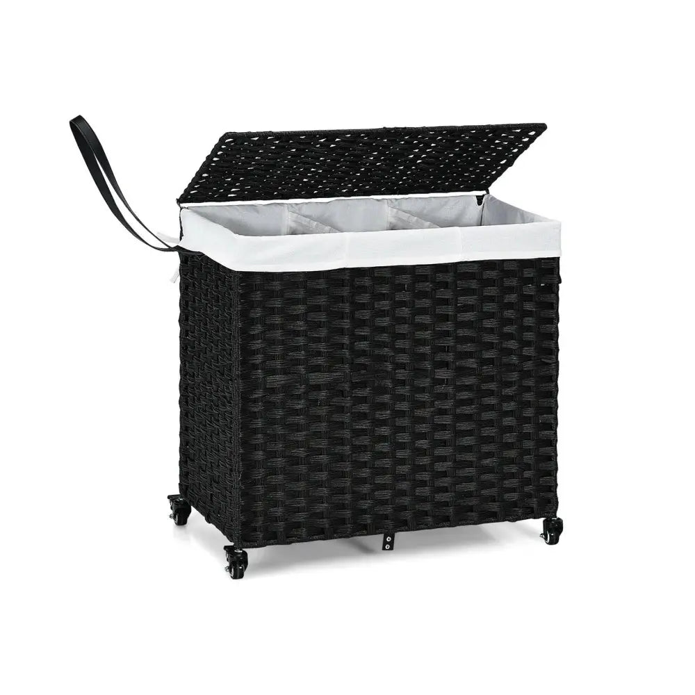 Laundry Hamper with Wheels and Lid-Black - Black - Laundry Baskets
